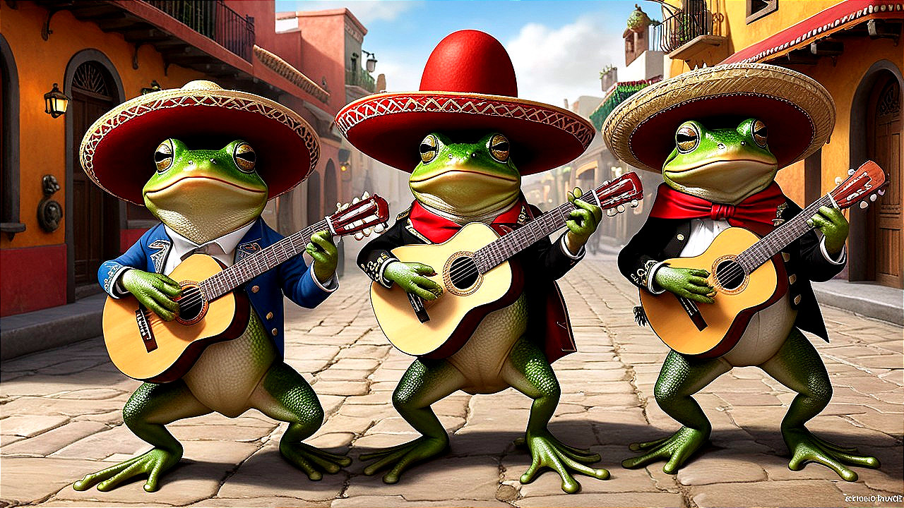 Cheerful frogs in traditional Mexican attire on street