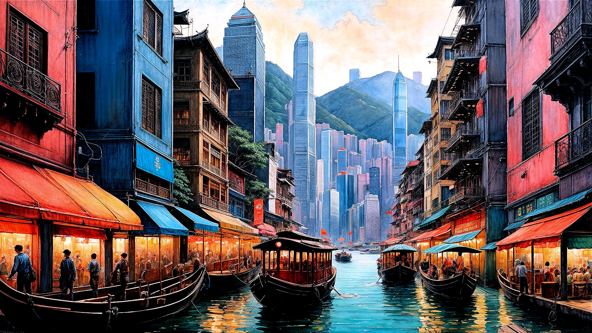 Riverside Cityscape with Colorful Buildings and Boats