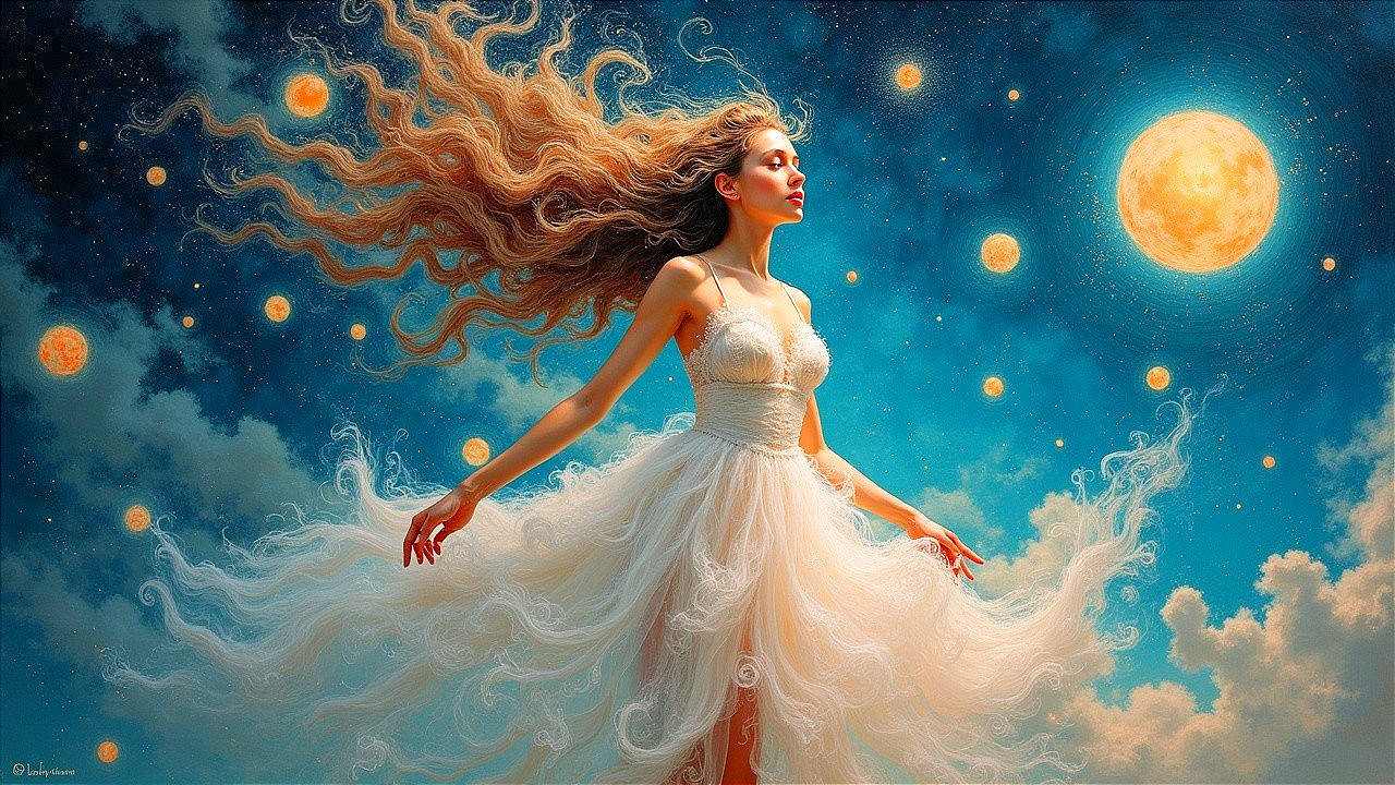 Serene Woman in Flowing Dress Under Starry Night Sky