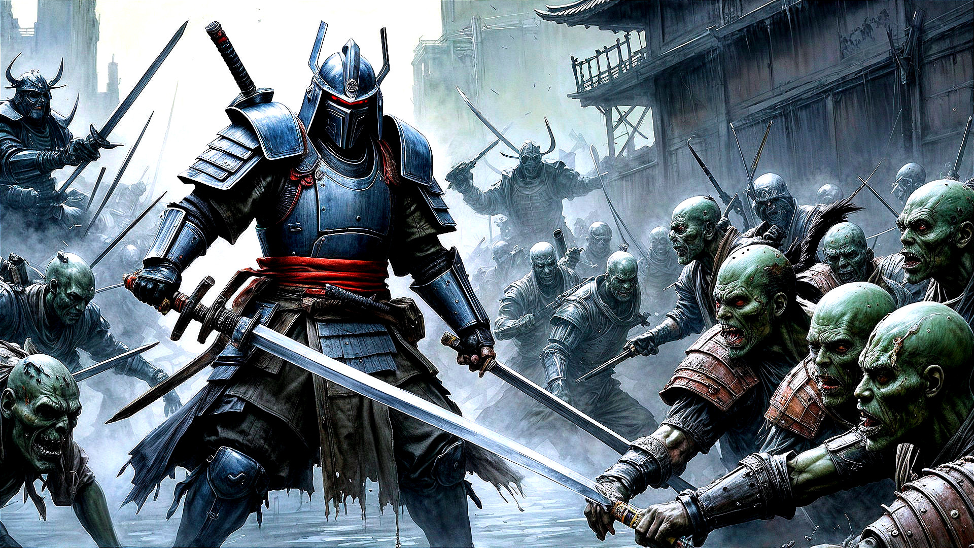 Samurai Warrior in Blue Armor Faces Green Creatures