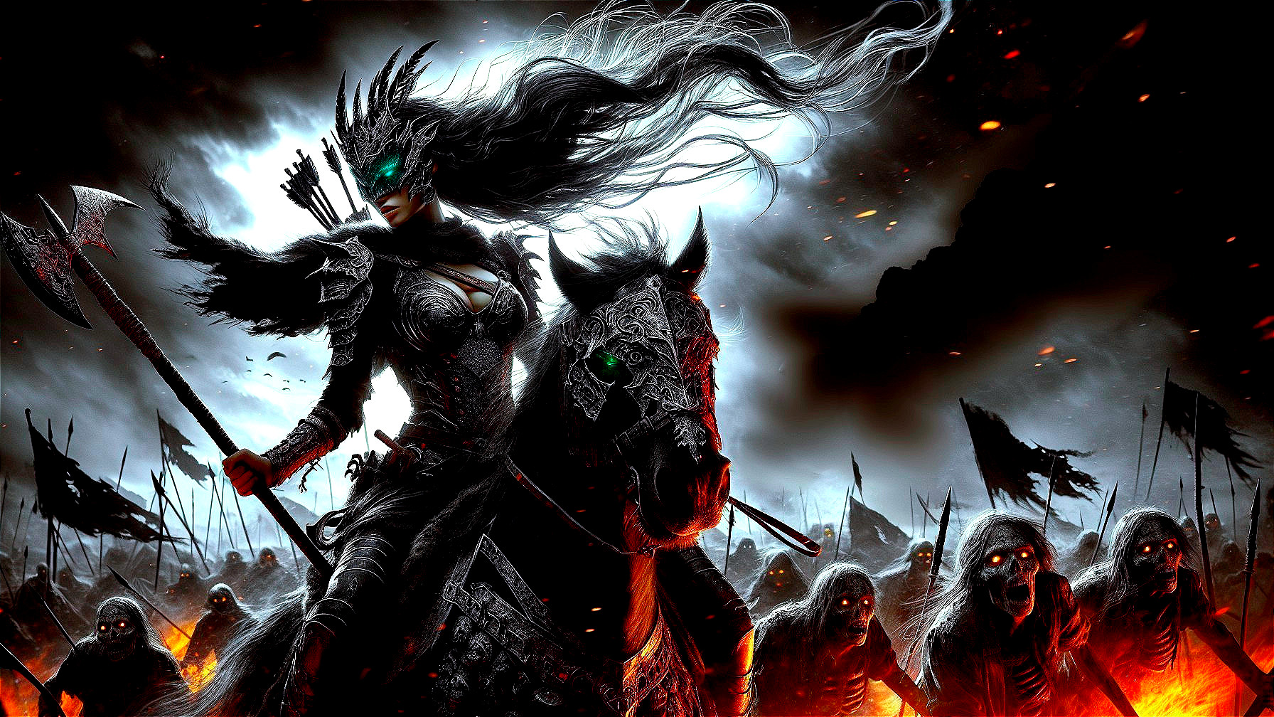 Warrior on Dark Steed with Axe and Shadowy Figures