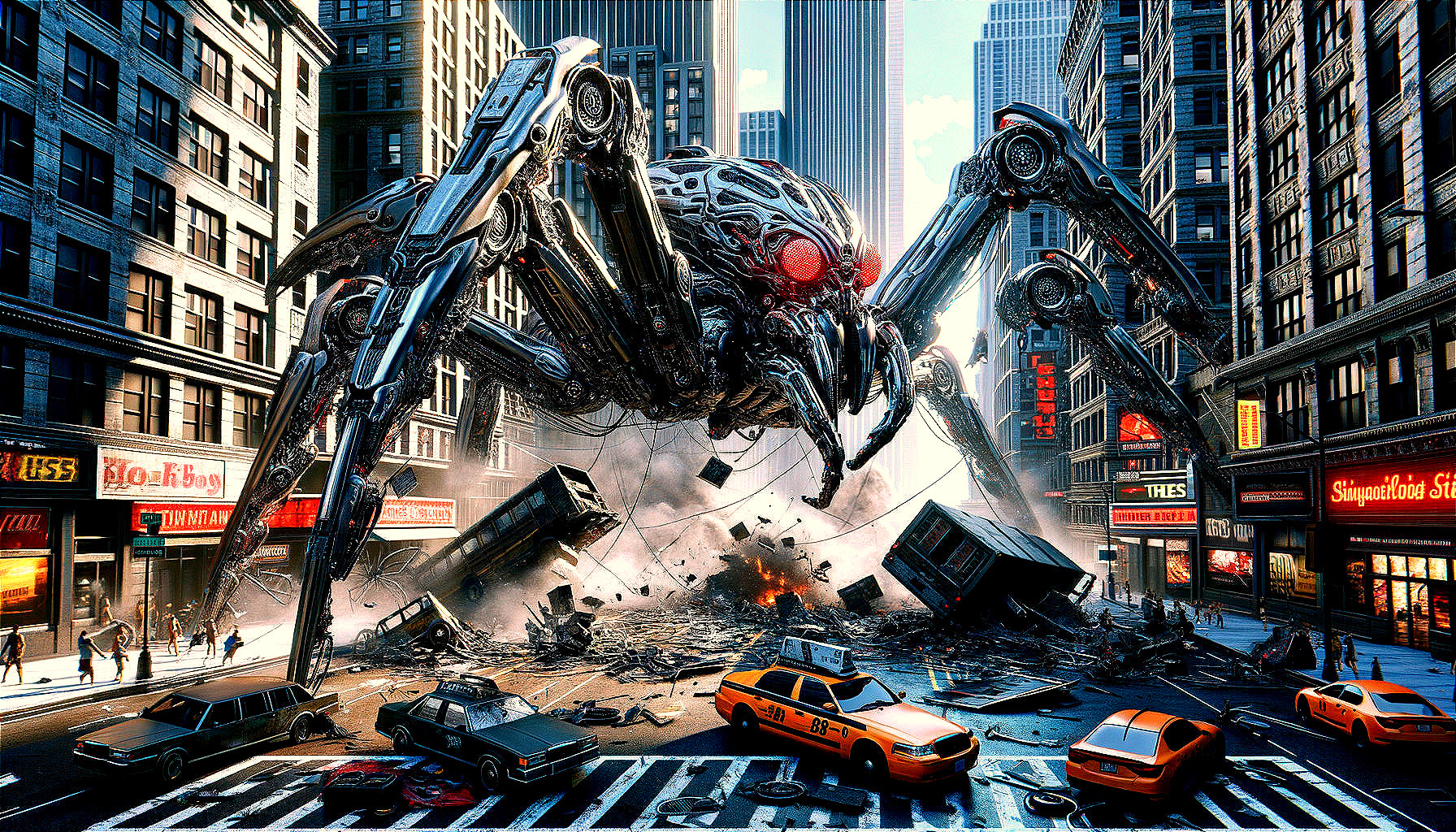 Colossal Robotic Spider Overlooks Chaotic City Street