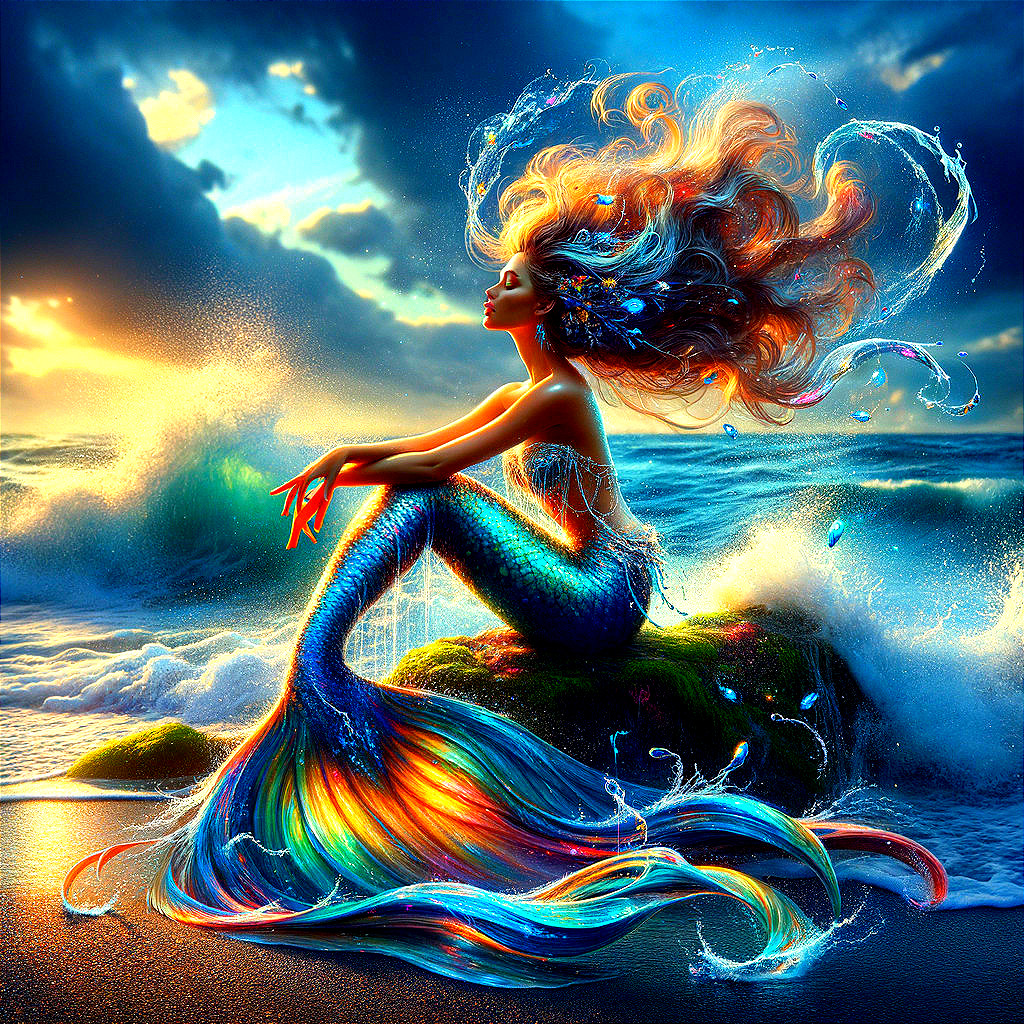 Colorful mermaid on rock at sunset with flowing hair and vibrant tail in dynamic ocean waves.