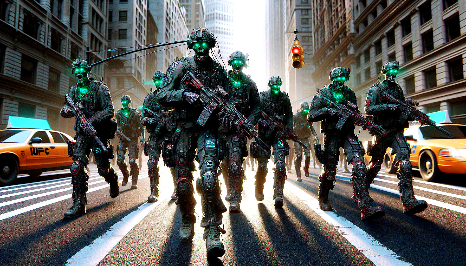 Futuristic soldiers in combat gear in urban landscape