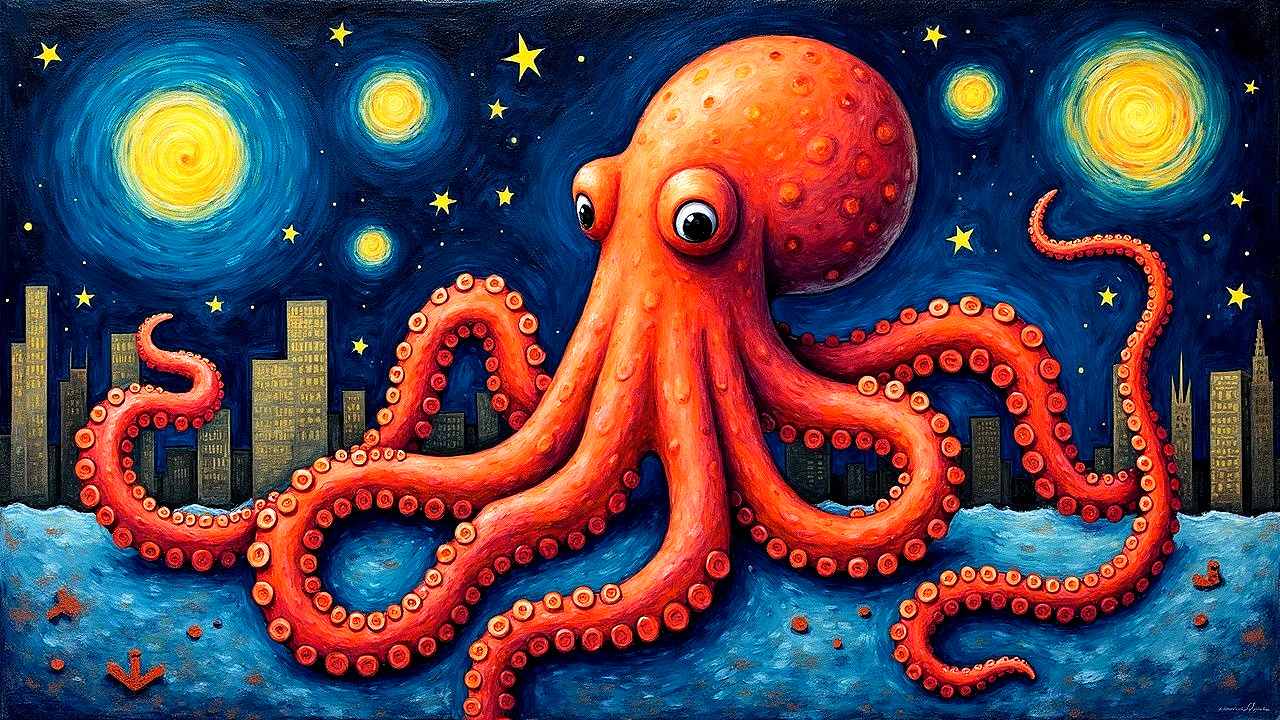 Whimsical Octopus Against Vibrant Night Sky