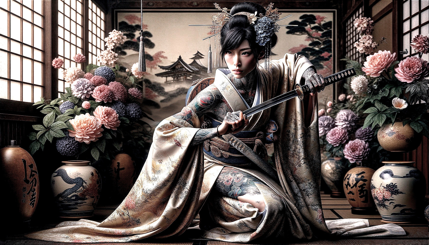 Woman in Kimono with Katana in Serene Room