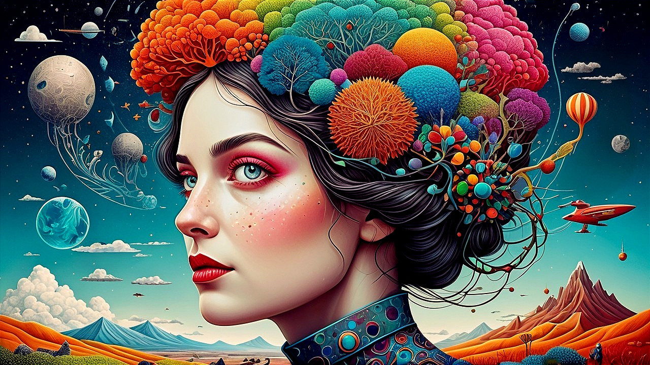 Surreal Portrait of a Woman with Cosmic Flora