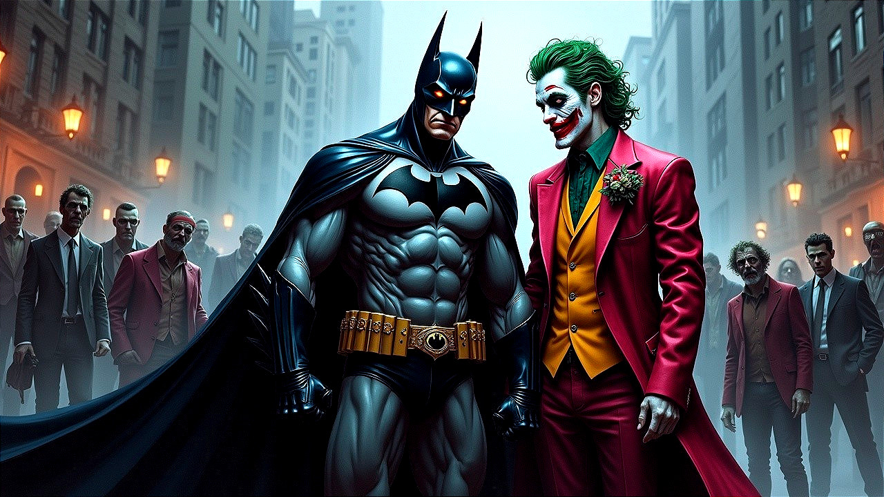 Batman and Joker in a Dark Urban Conflict Scene