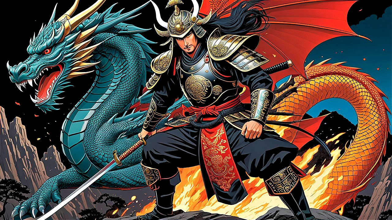 Warrior in Armor with Sword and Majestic Dragon