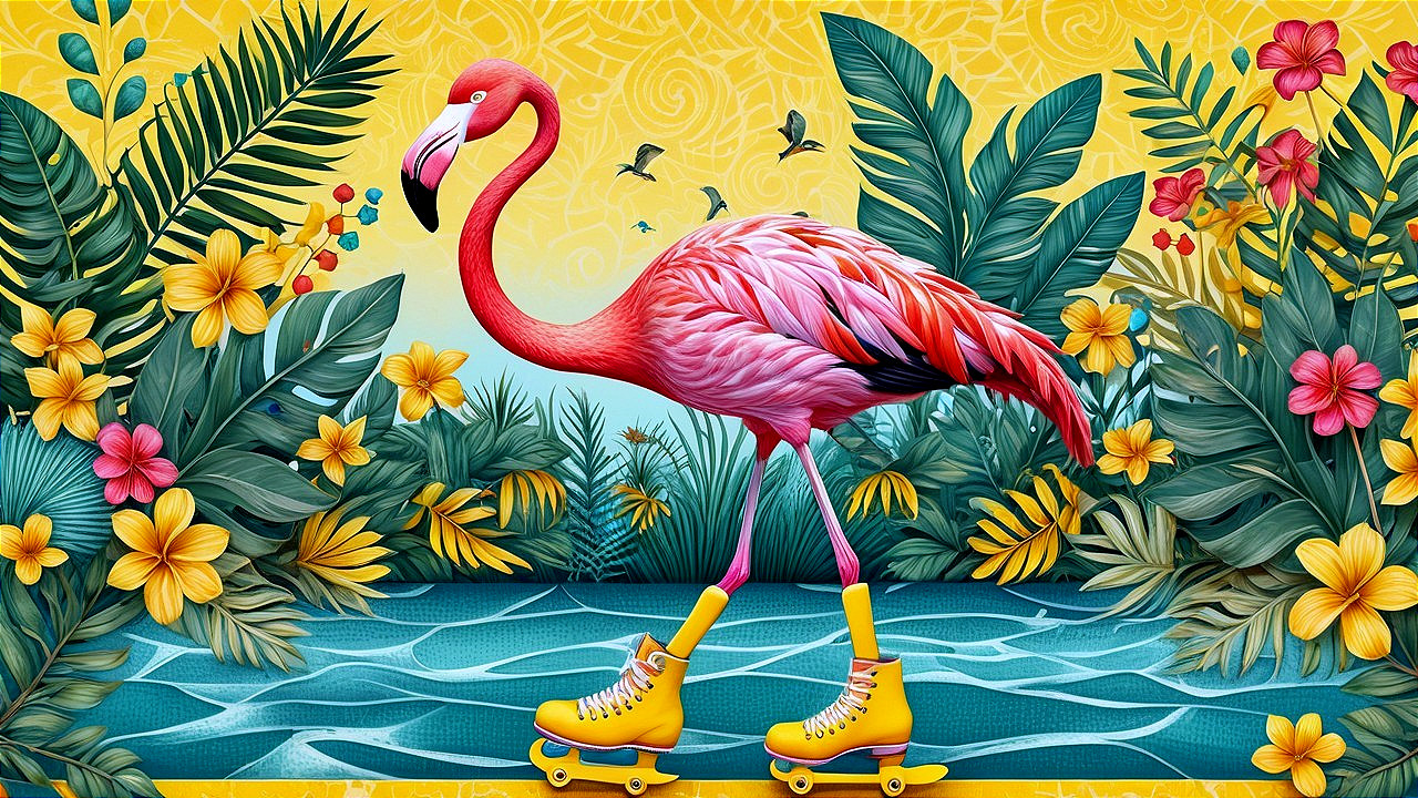 Flamingo on Roller Skates in Tropical Setting