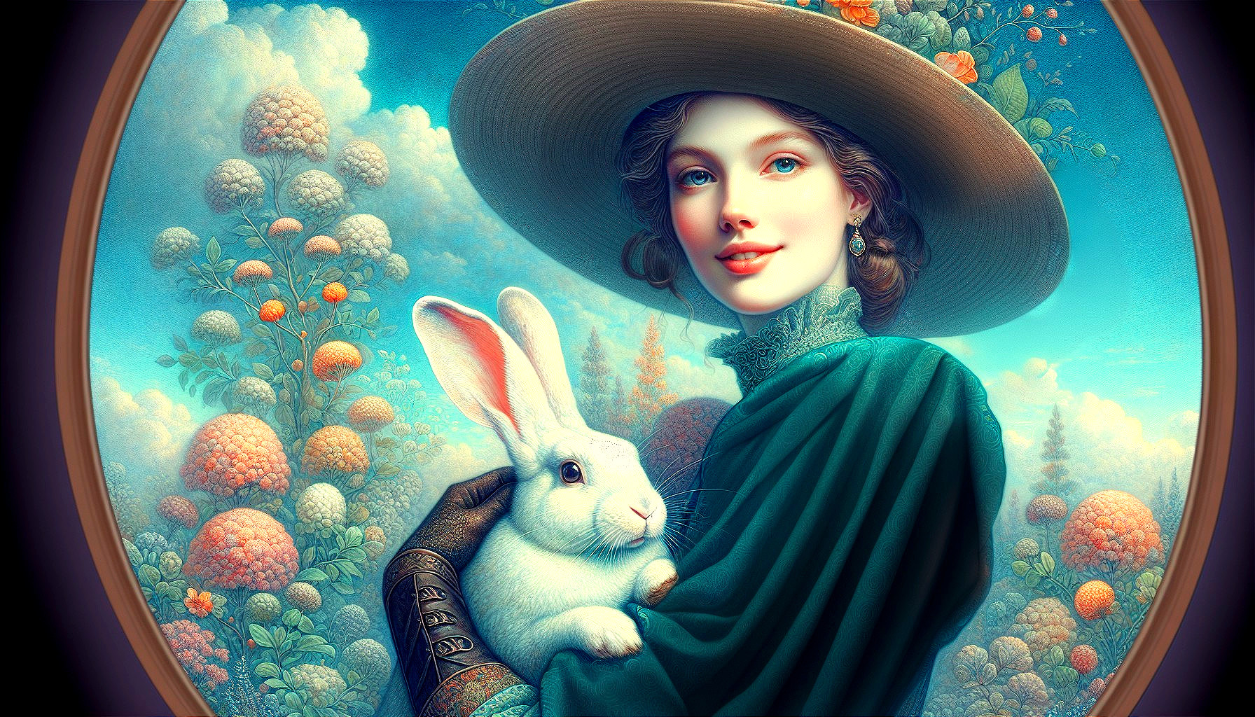 Serene Woman with Rabbit in Flower-Filled Landscape