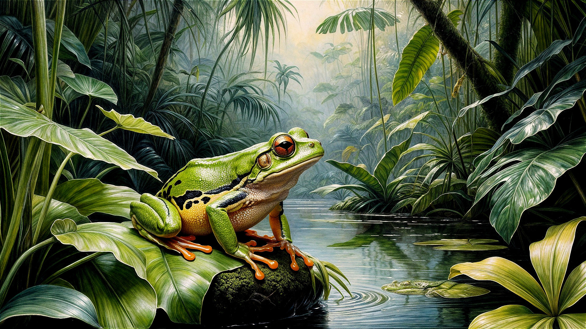 Vibrant Green Frog in Tropical Rainforest Setting