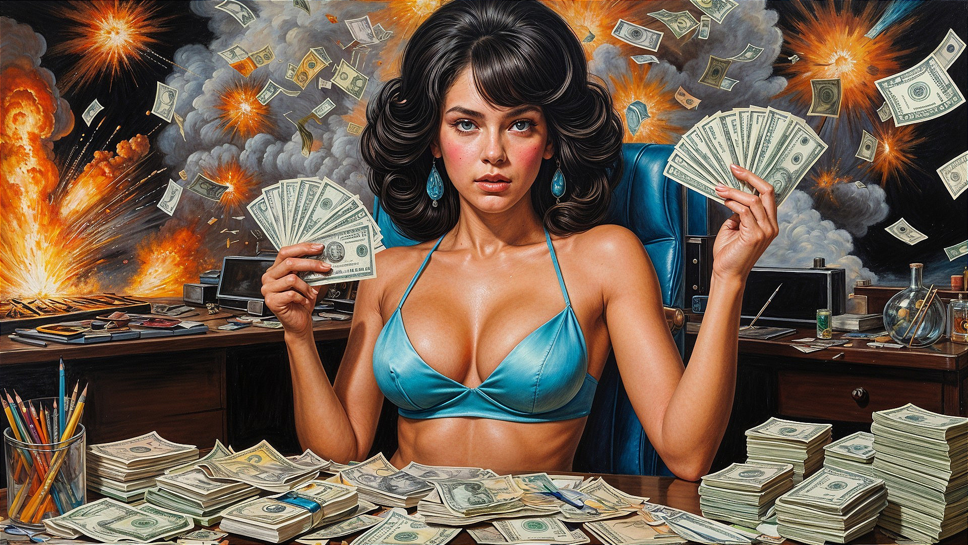 Woman in Turquoise Bikini Surrounded by Money and Chaos