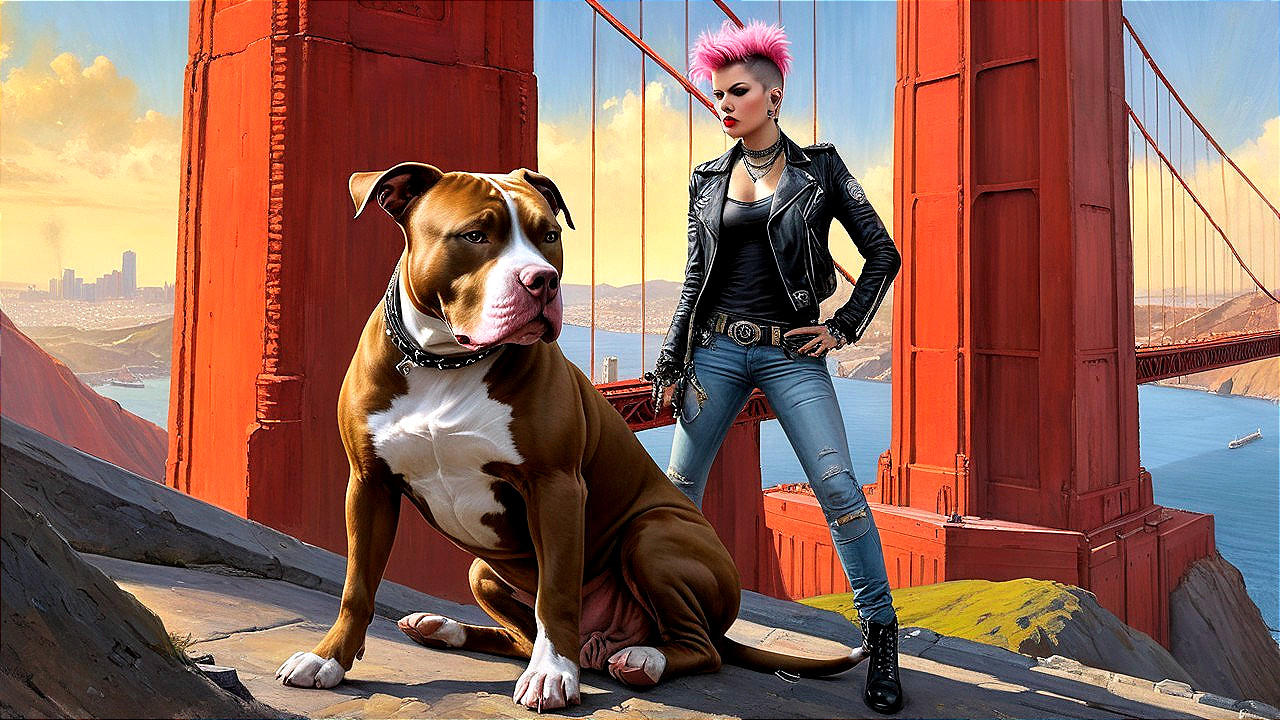 Confident Woman with Dog at Golden Gate Bridge