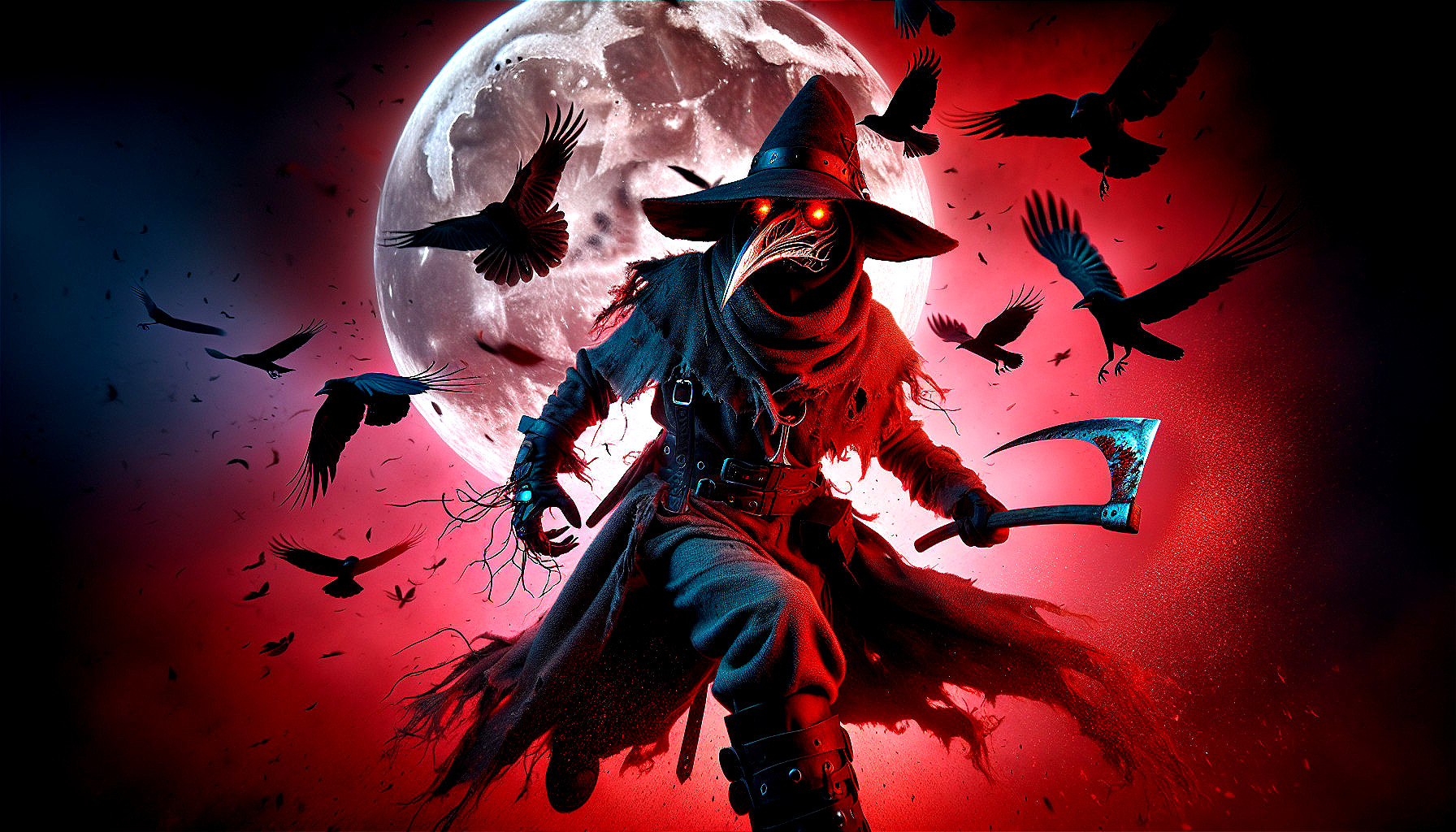 Mysterious Figure in Tattered Robes with Axe and Crows