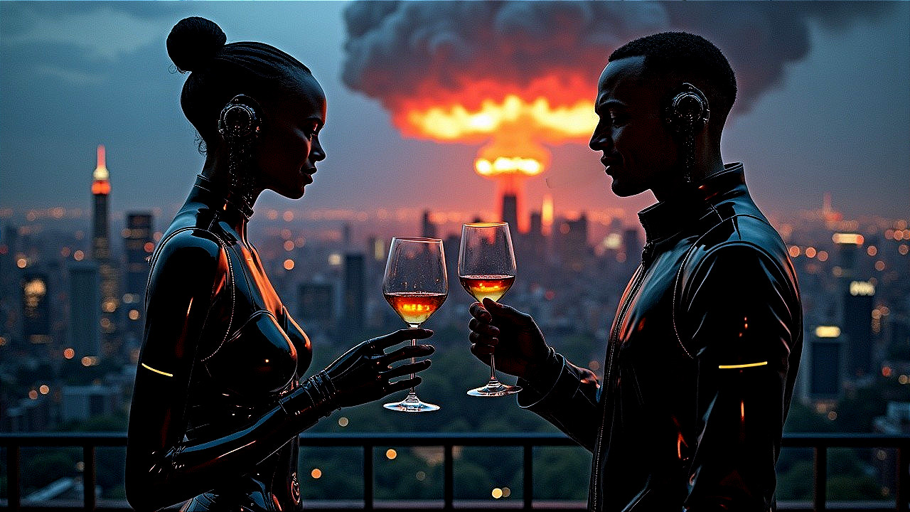 Robots in Futuristic Cityscape with Vibrant Drinks