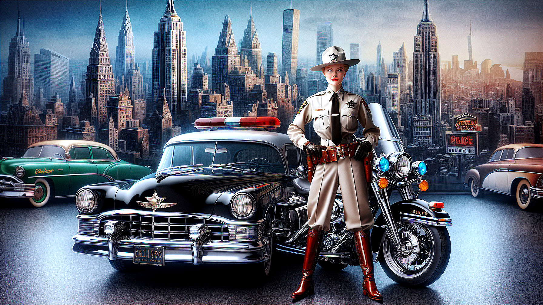Vintage Sheriff Uniform with Classic Police Car and Cityscape