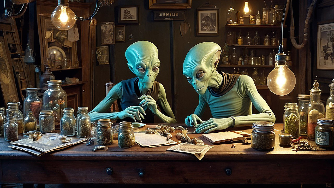 Green-Skinned Aliens in Cozy Vintage Room with Herbs