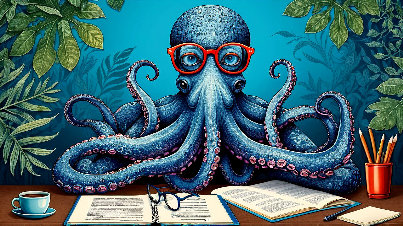 Whimsical Octopus Illustration with Books and Coffee
