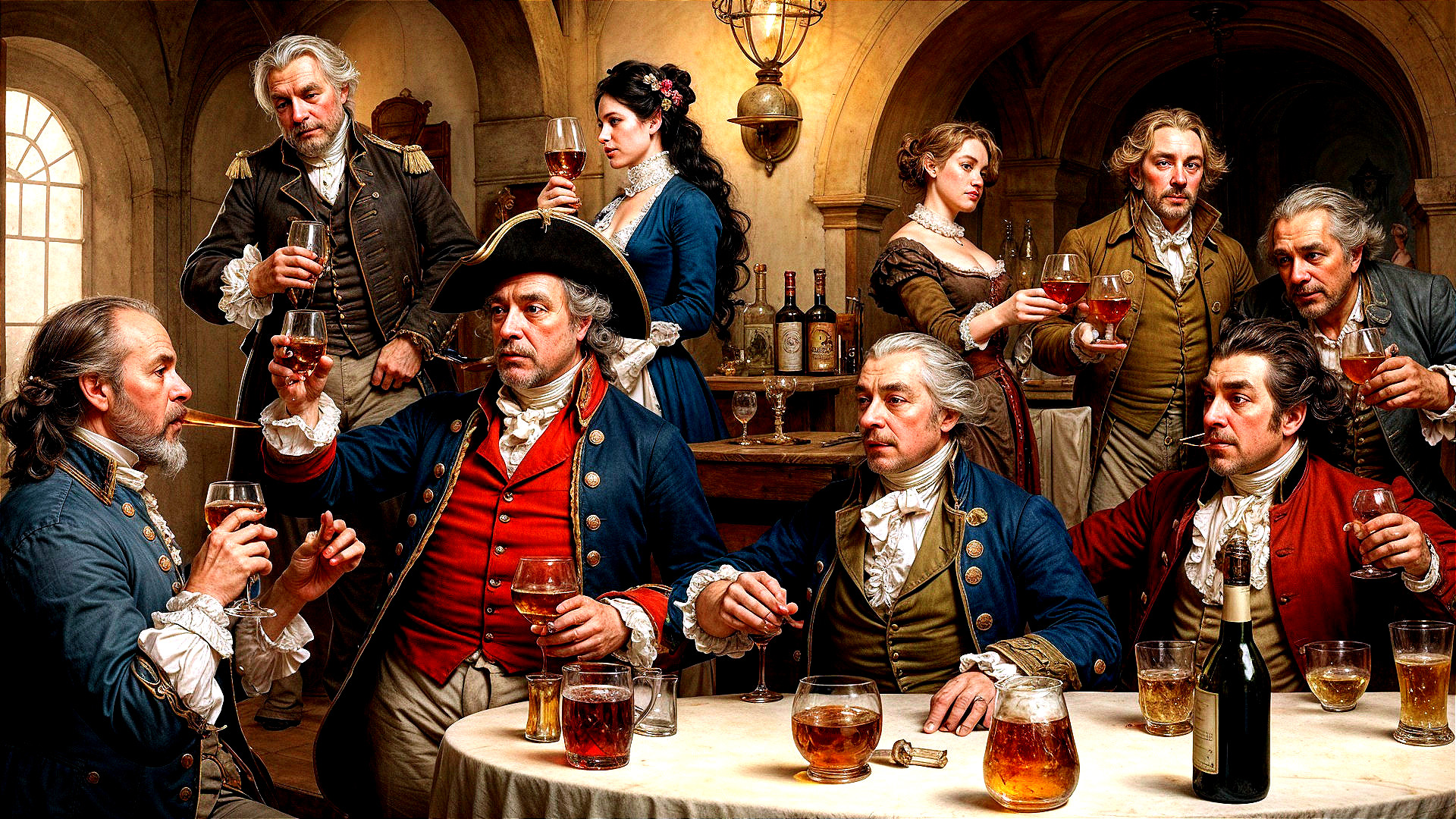 18th-Century Tavern Gathering with Elegant Attire