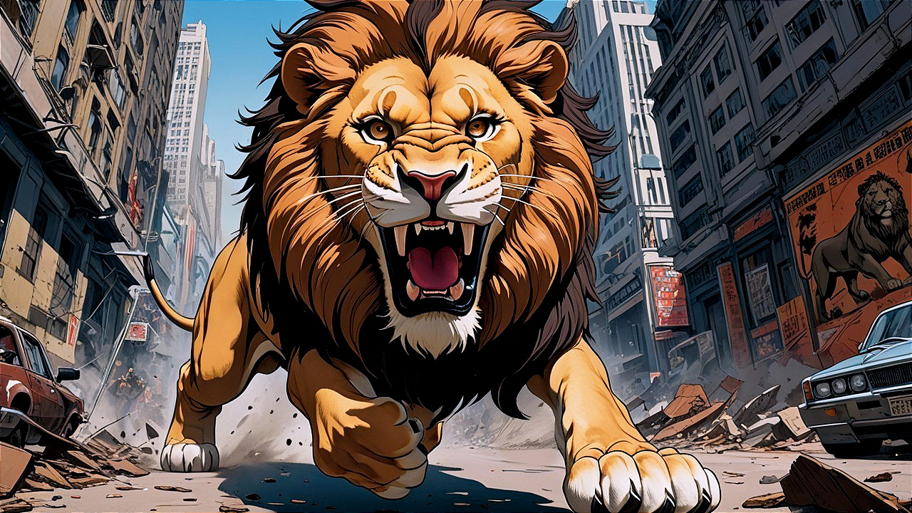 Cartoon Lion Charging Through Urban Chaos
