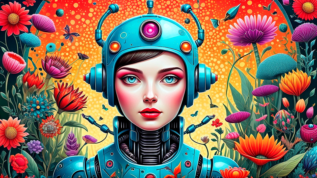 Futuristic Cyborg Woman with Floral Elements and Butterflies