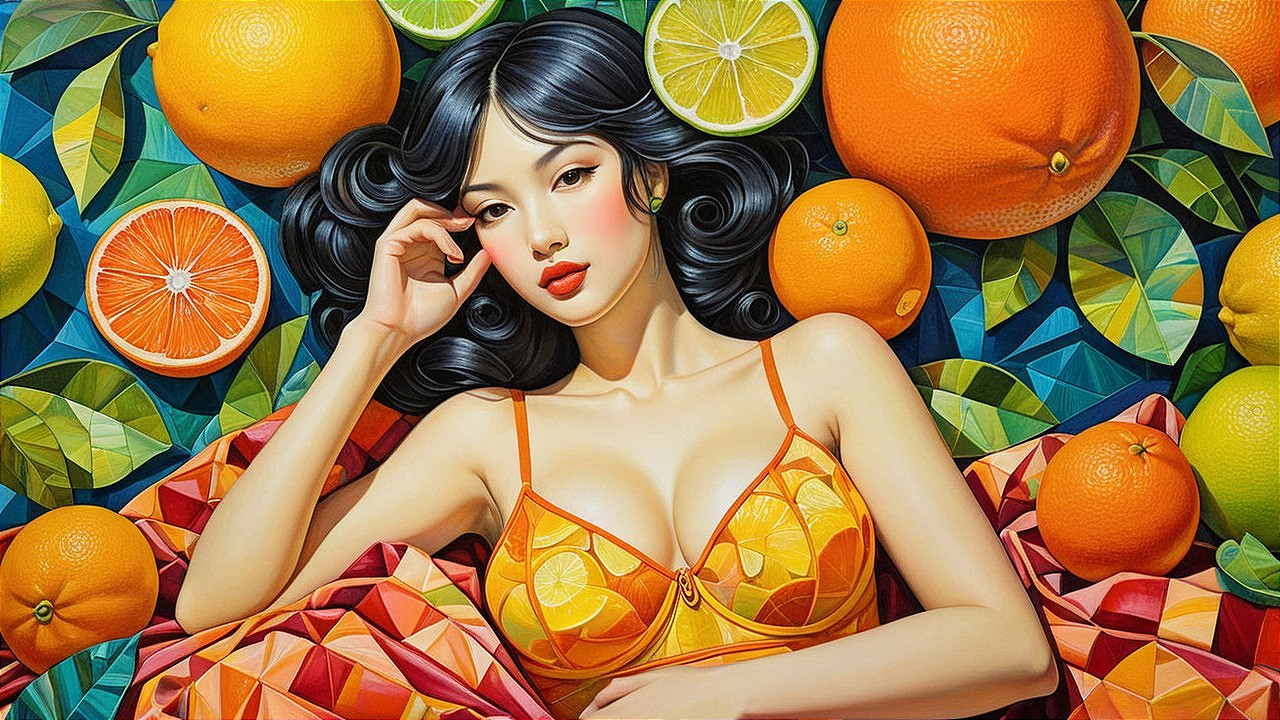 Woman with Black Hair Surrounded by Colorful Fruits