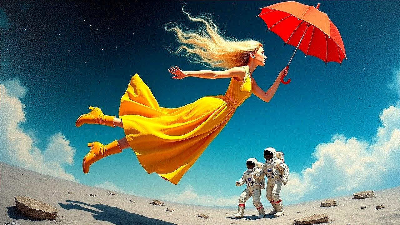 Woman in Yellow Dress Floating Above Lunar Landscape