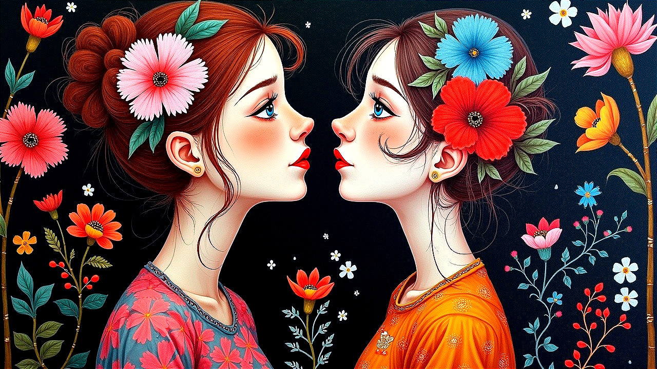 Young women with floral motifs and vibrant attire