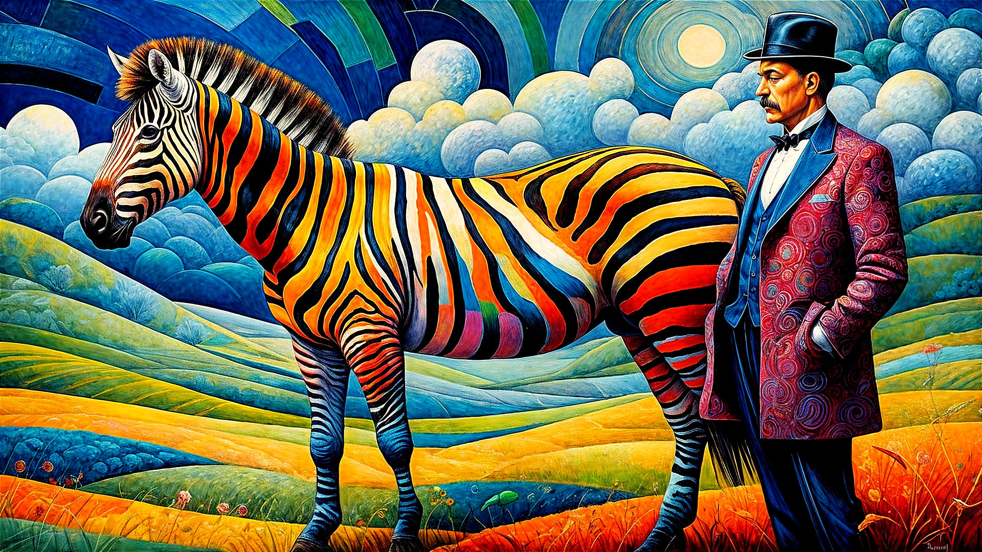 Surreal Landscape with Man and Colorful Zebra