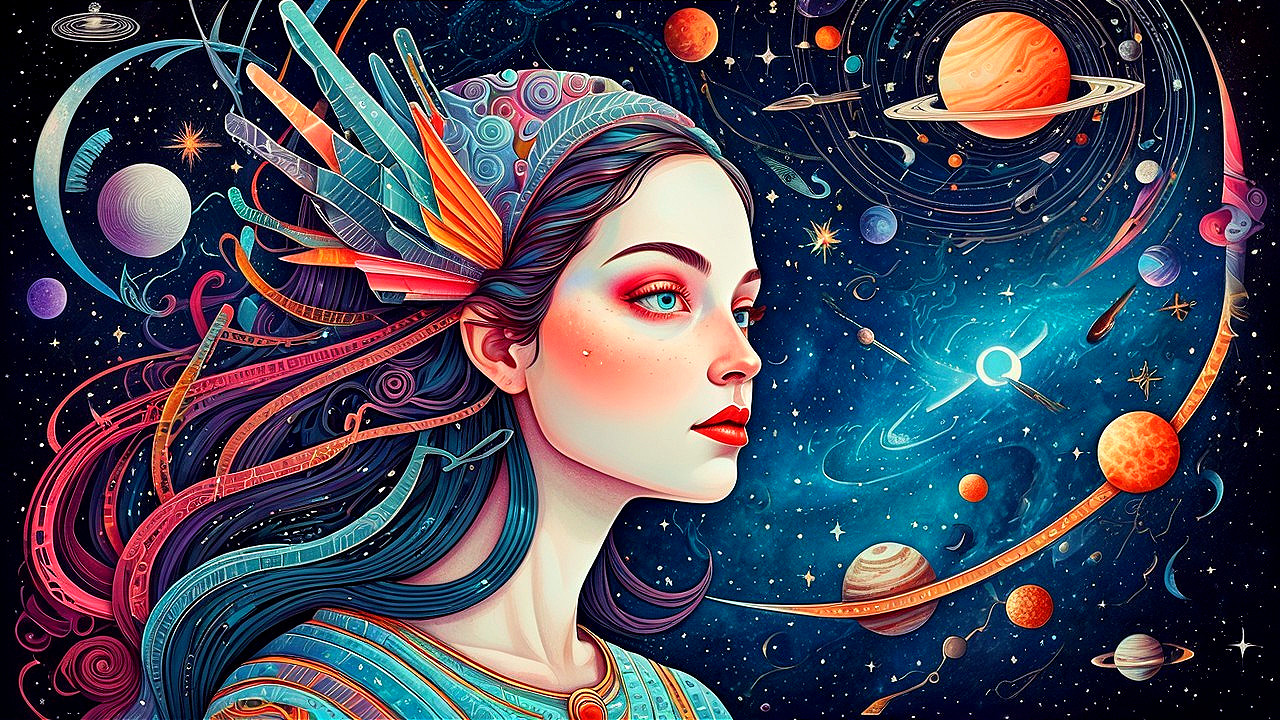 Celestial Woman Surrounded by Galaxies and Stars