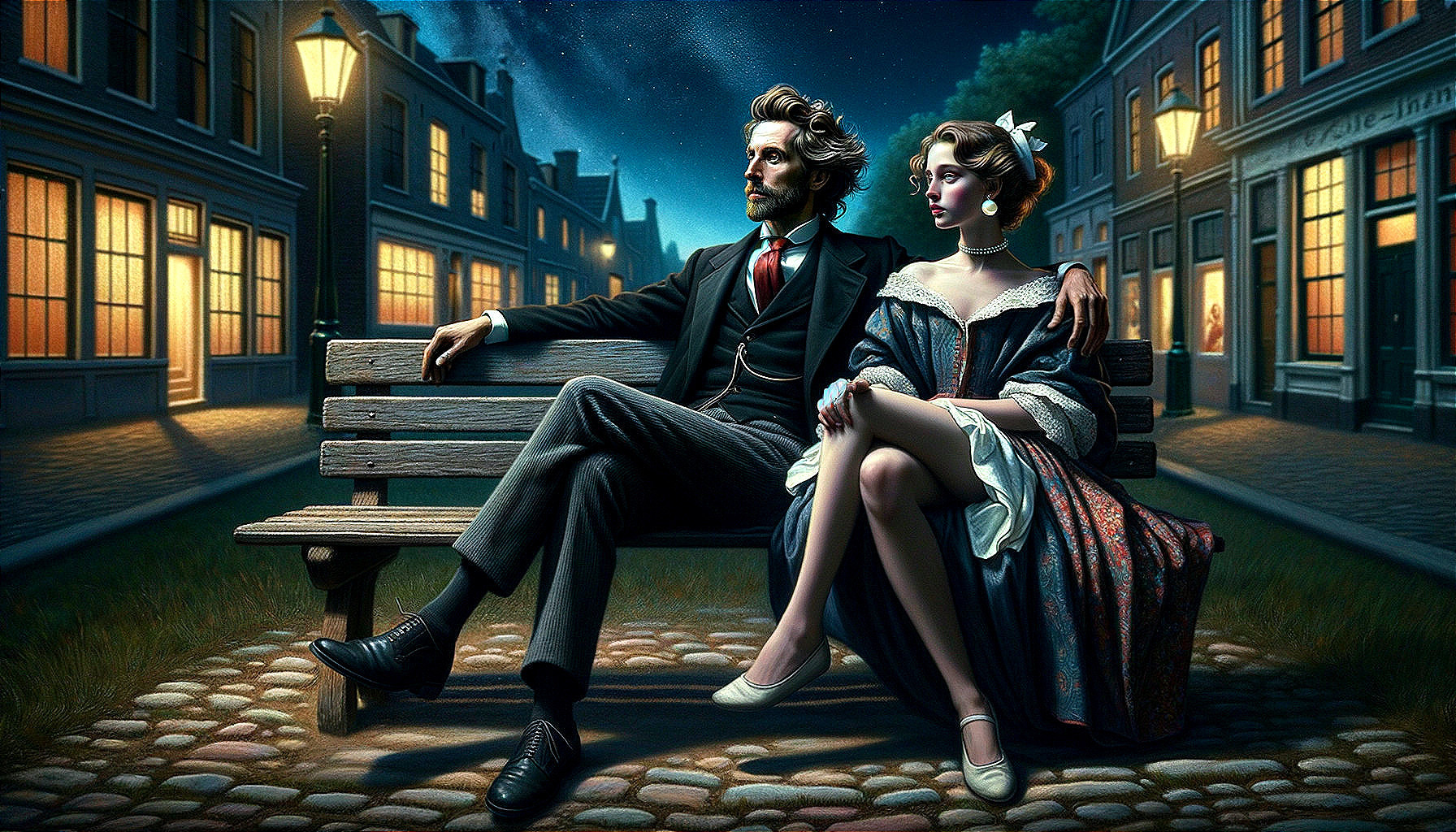 Couple on a Bench in a Romantic Street Setting