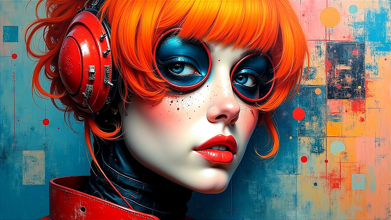 Portrait of a young woman with orange hair and bold makeup