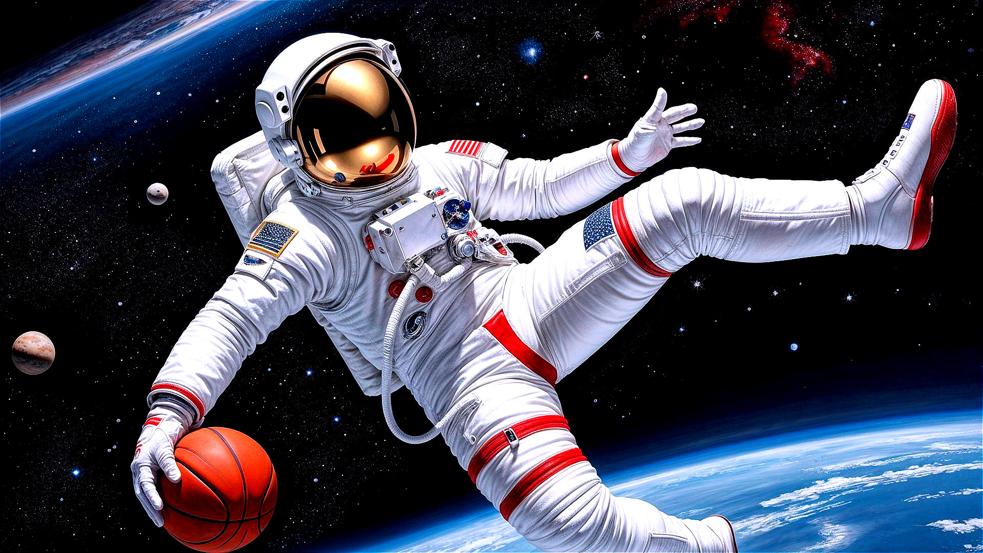 Astronaut in Spacesuit Holding Basketball in Space