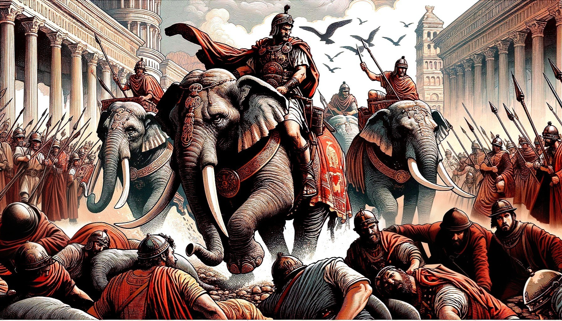Ancient Battle Scene with Roman Soldiers and Elephants