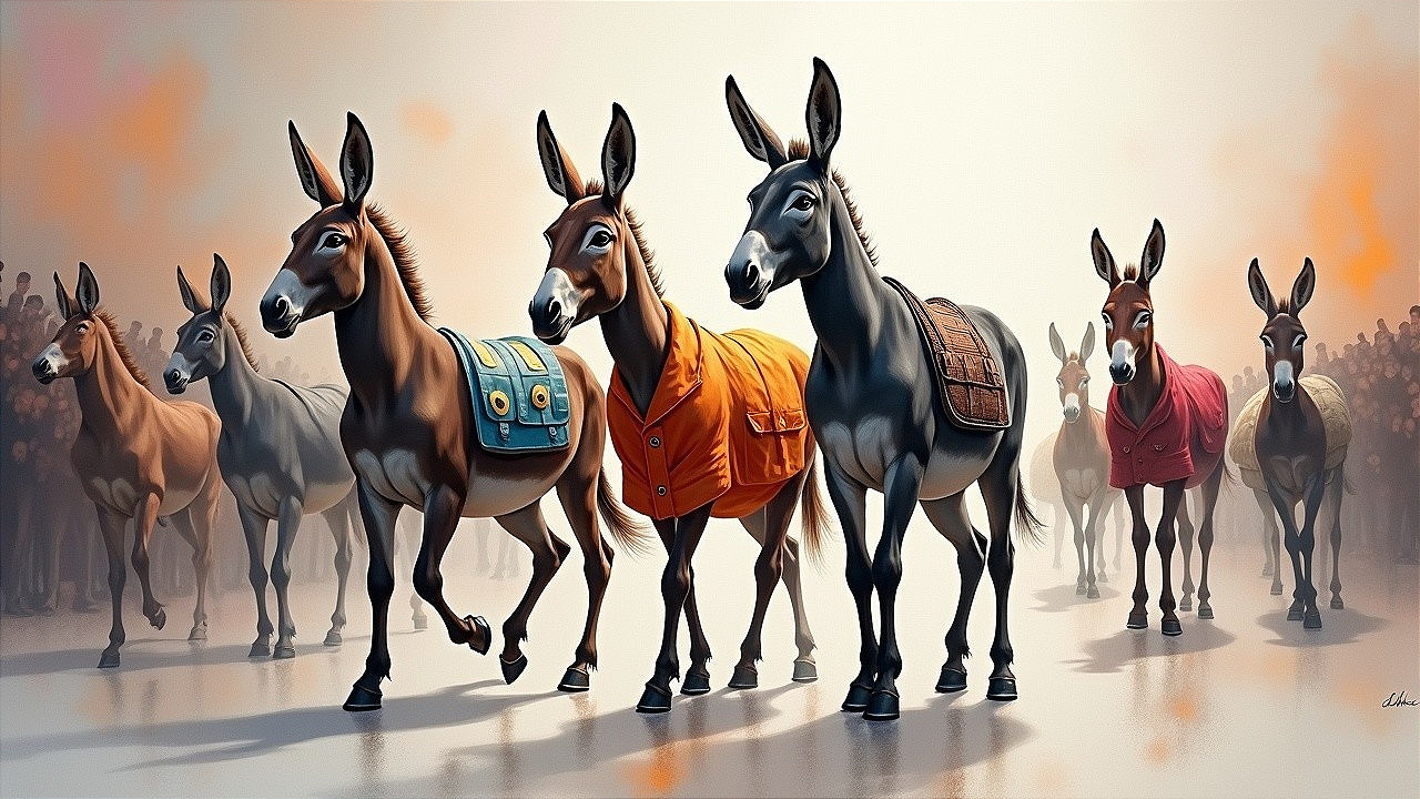 Stylized Donkeys in Vibrant Apparel at Parade Scene