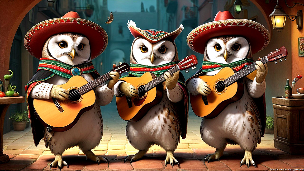 Animated Owls in Sombreros on a Festive Street