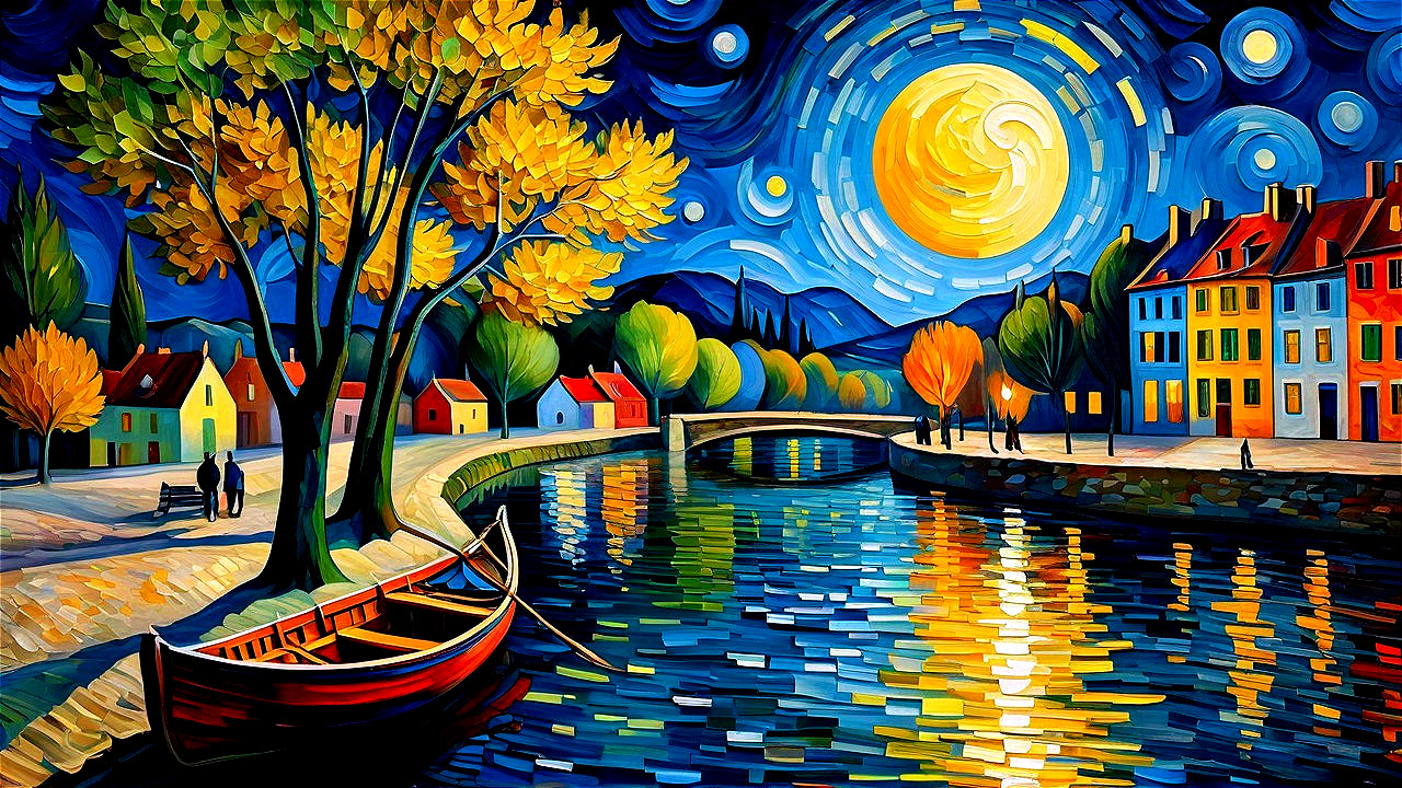 Vibrant Night Scene with Moonlit River and Autumn Colors