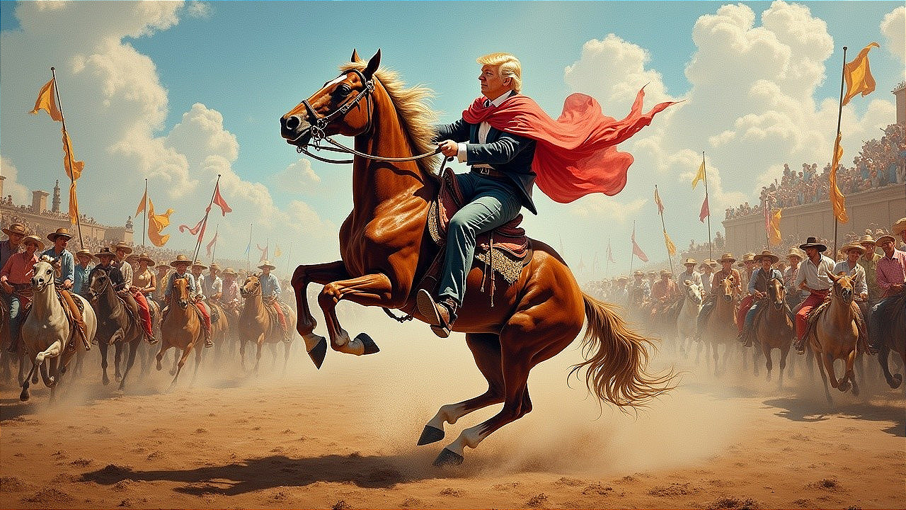 Dramatic Rodeo Scene with Horse and Spectators