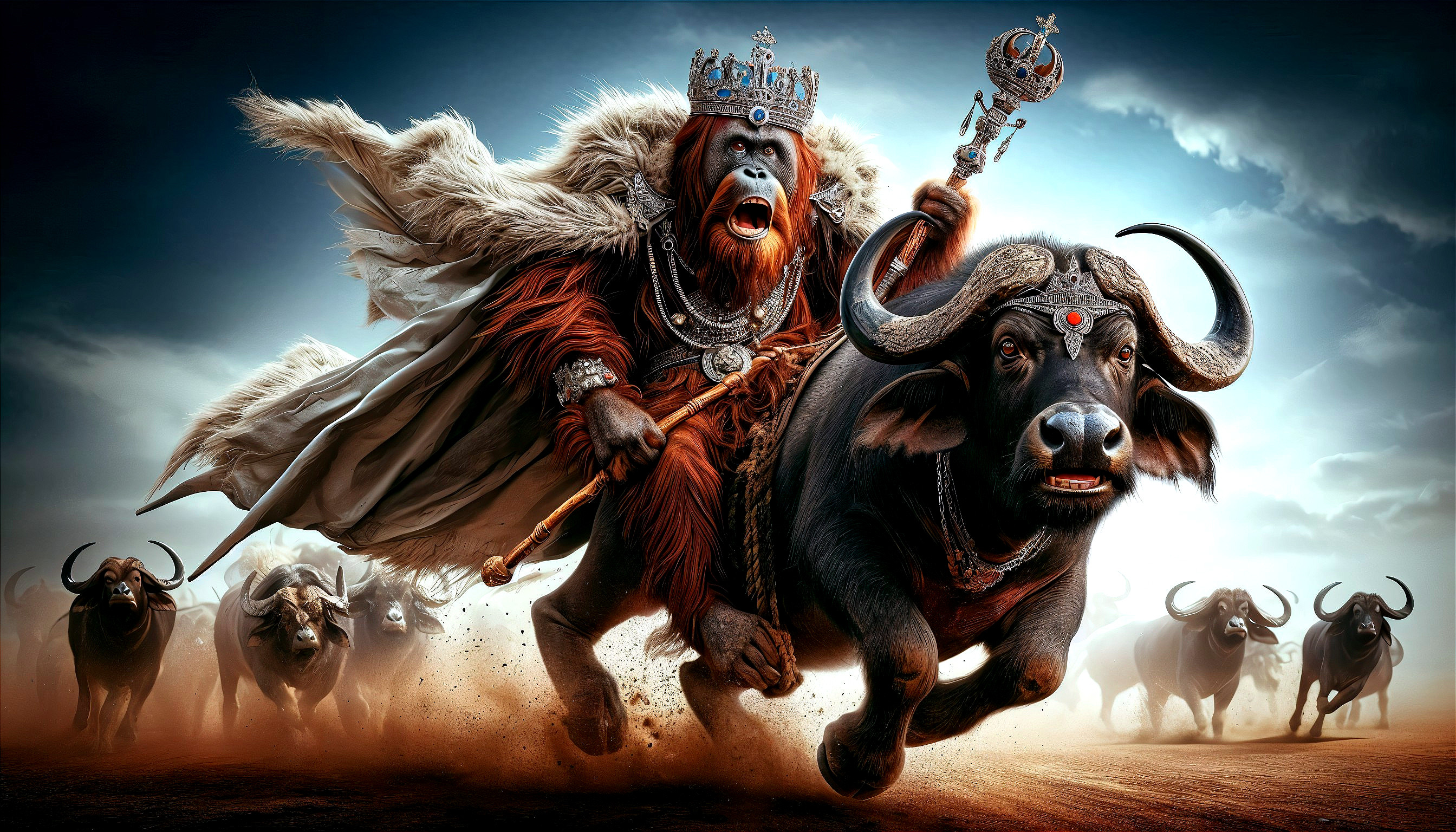 Regal Gorilla on Buffalo Amidst Charging Herd