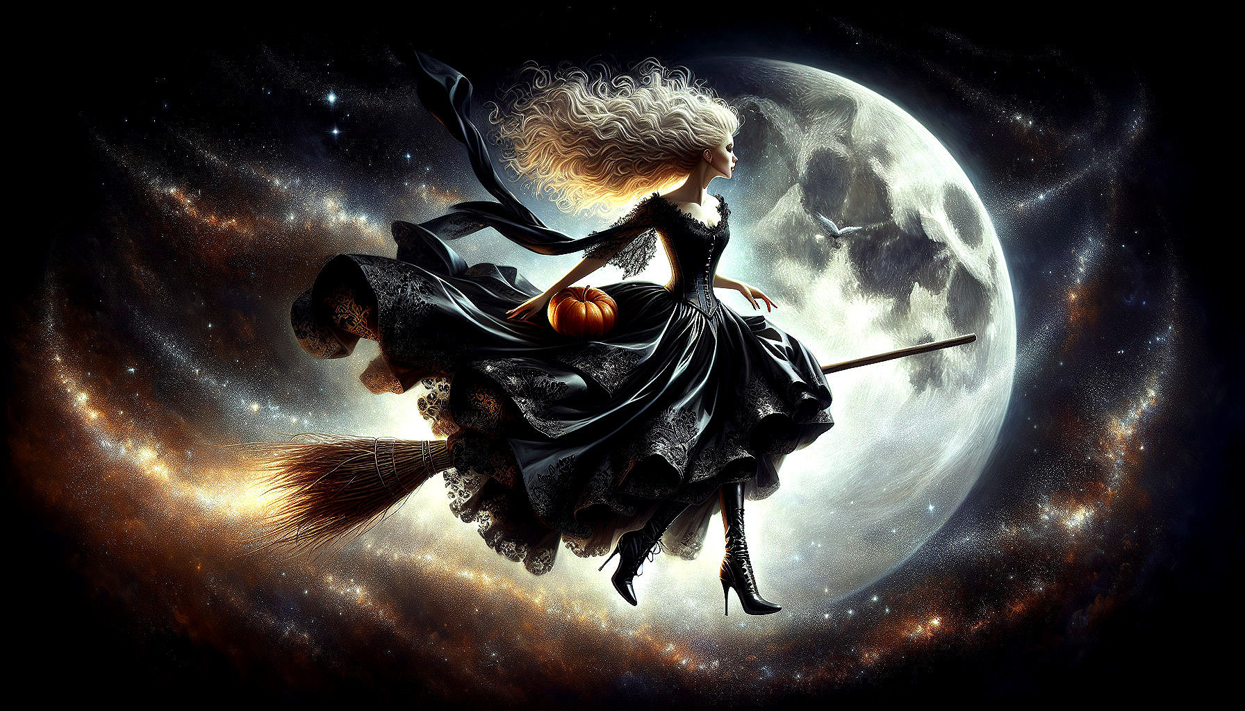 Witch Riding Broomstick in Cosmic Halloween Scene