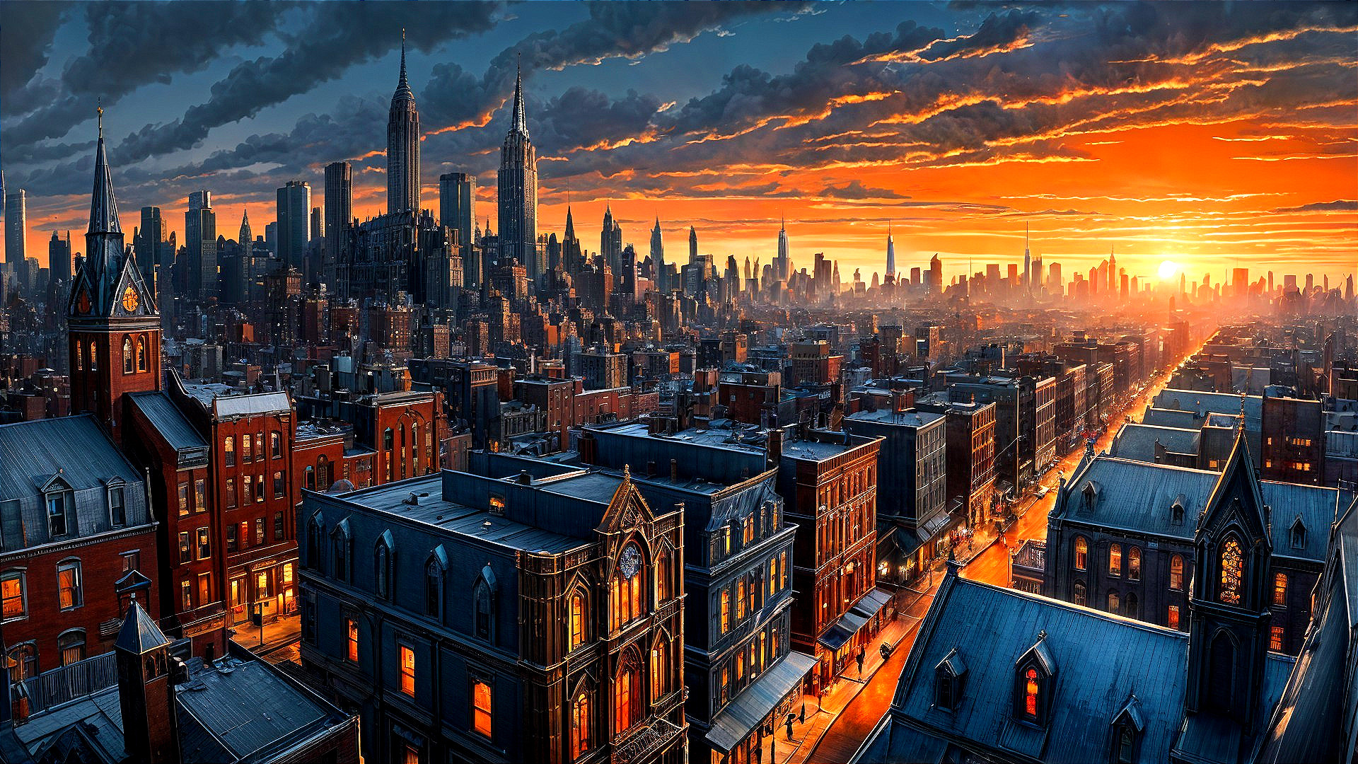 Urban Skyline at Sunset with Colorful Clouds