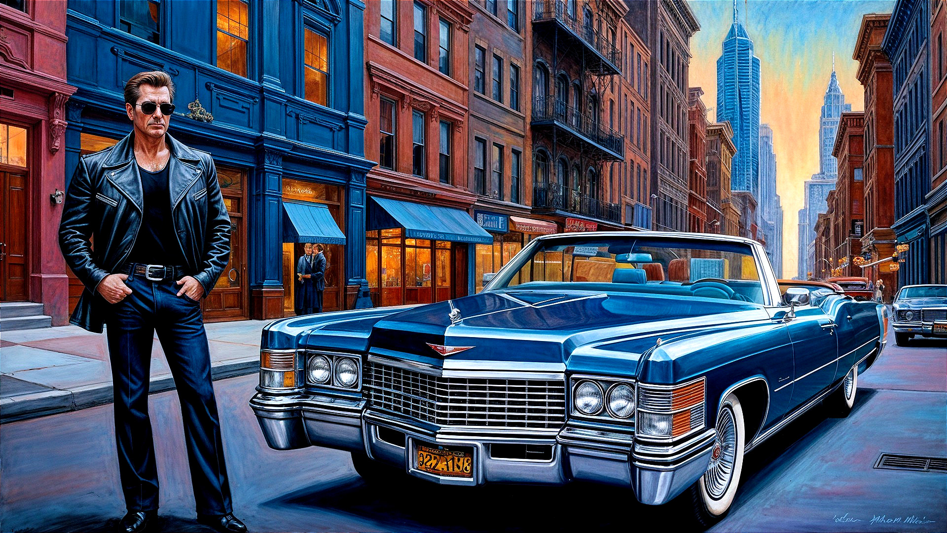 Urban Scene with Stylish Man and Vintage Cadillac