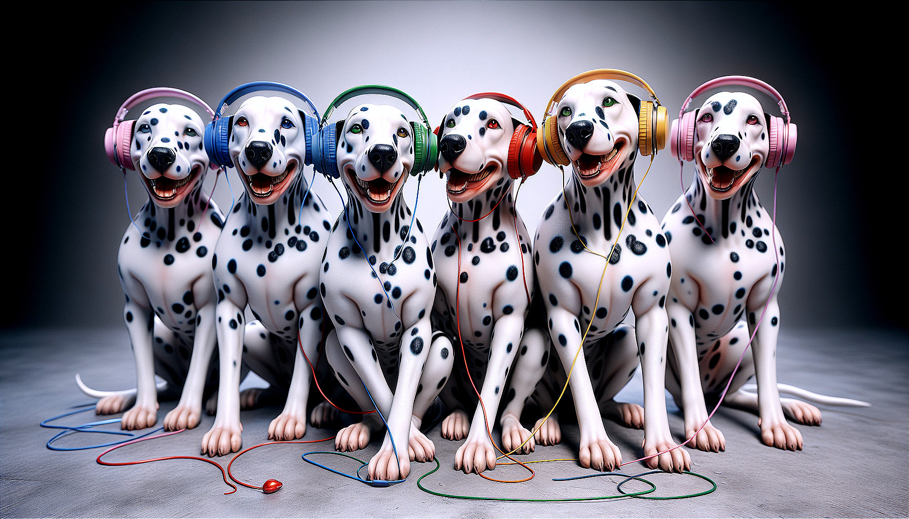 Six Cartoon Dalmatians with Colorful Headphones
