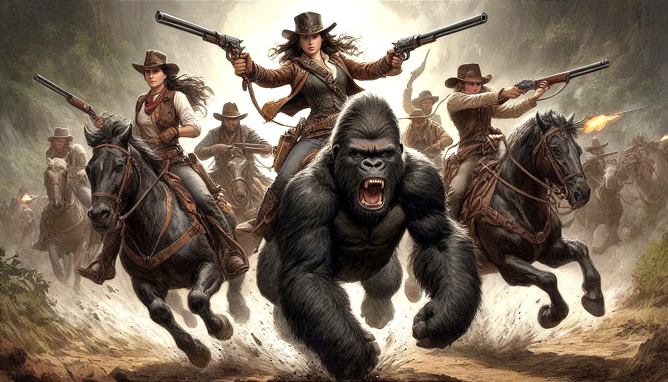 Gorilla and Cowgirls in Dramatic Wild West Scene
