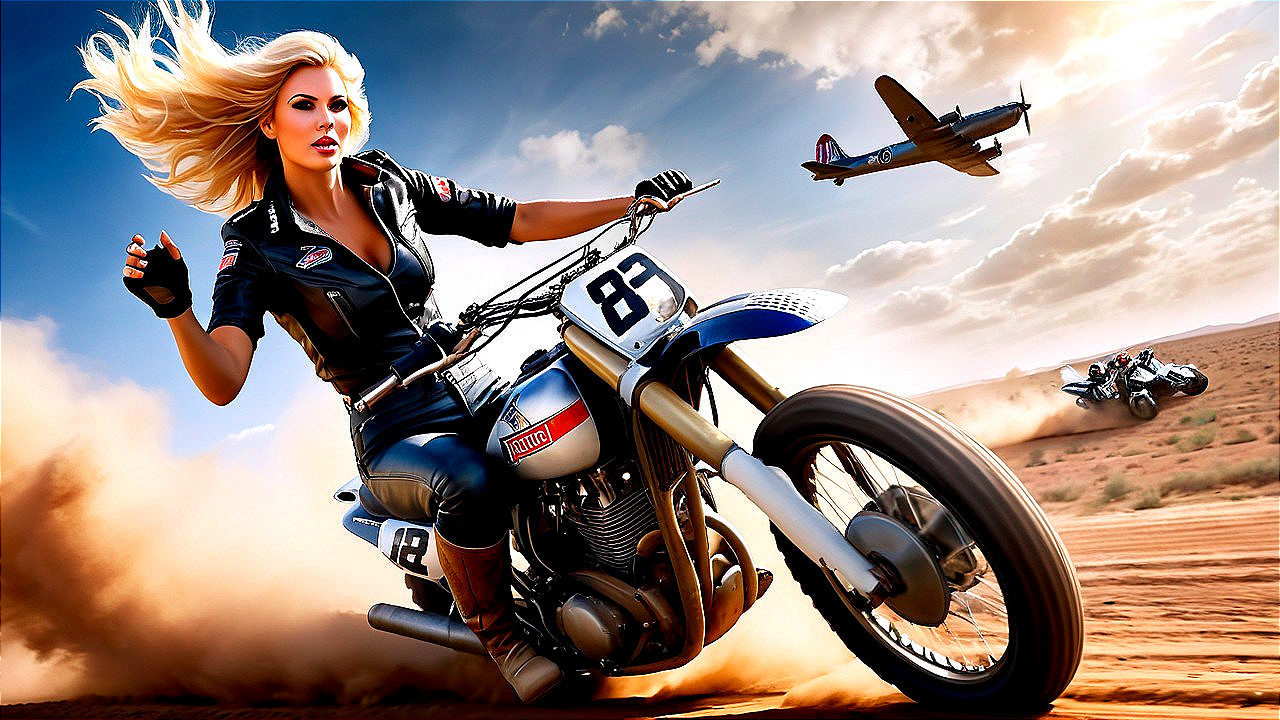 Woman on Motorcycle in Desert with Vintage Planes