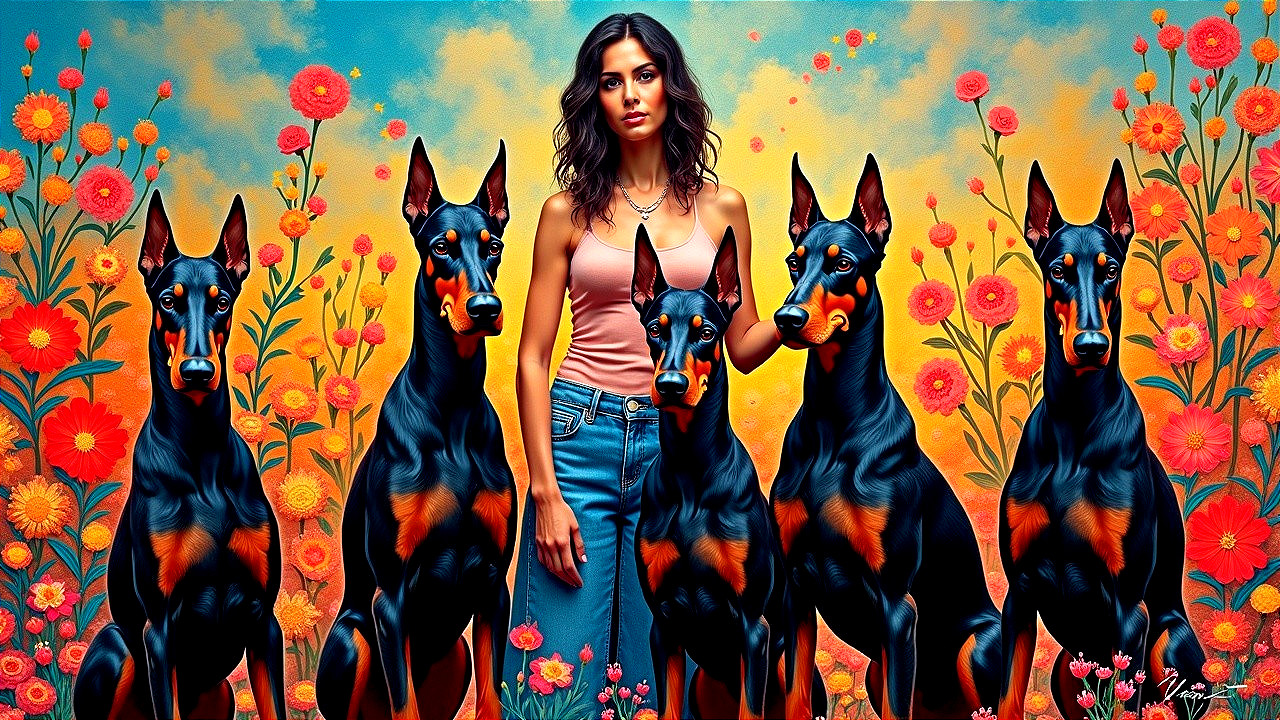 Woman with Wavy Hair and Five Doberman Dogs in Flowers