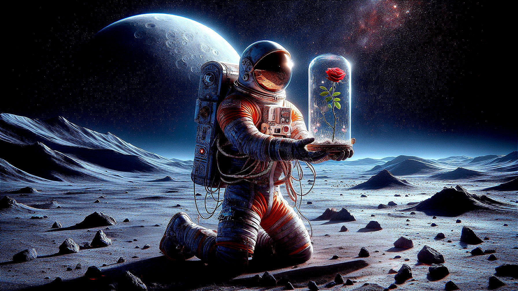 Astronaut with Rose Dome on Lunar Surface in Space
