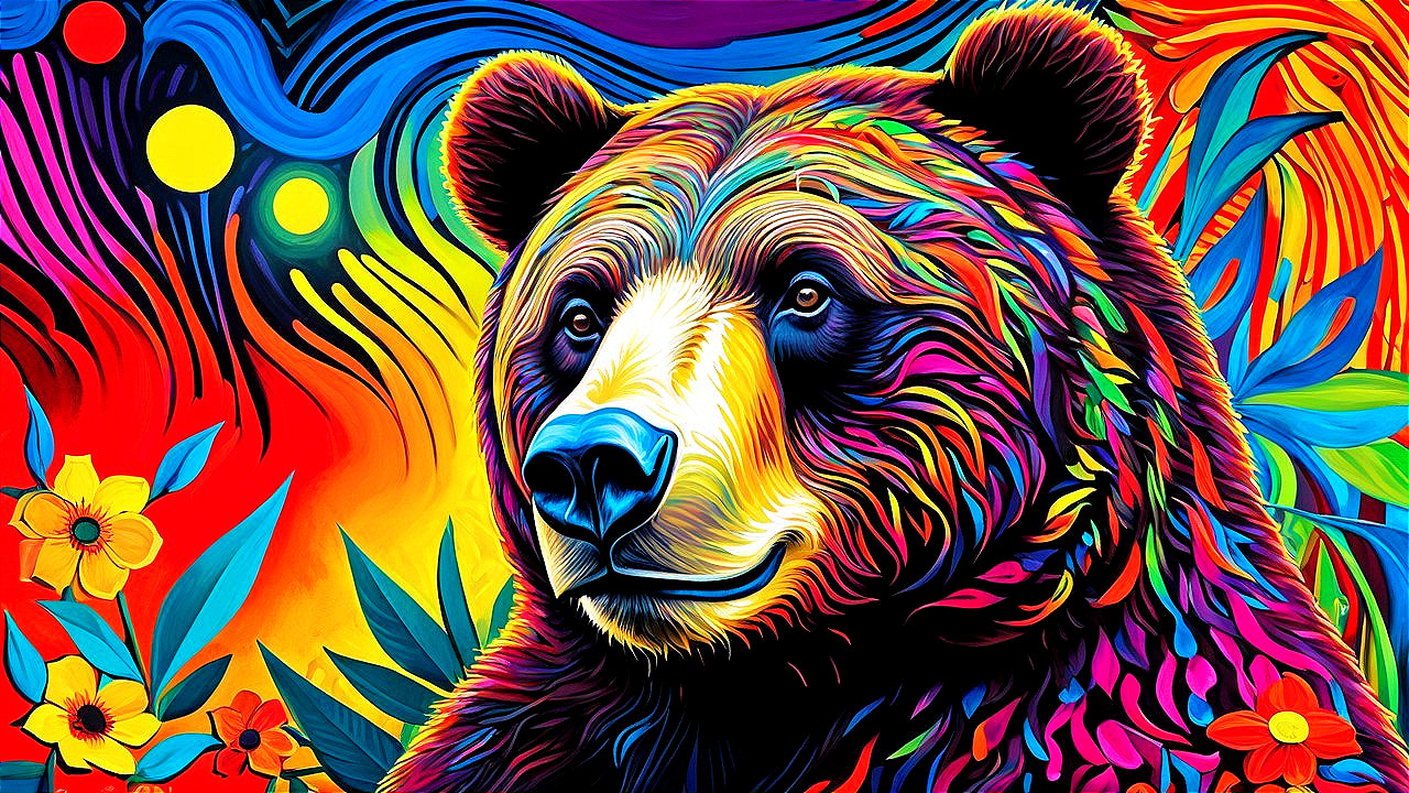 Vibrant Stylized Bear with Colorful Floral Patterns