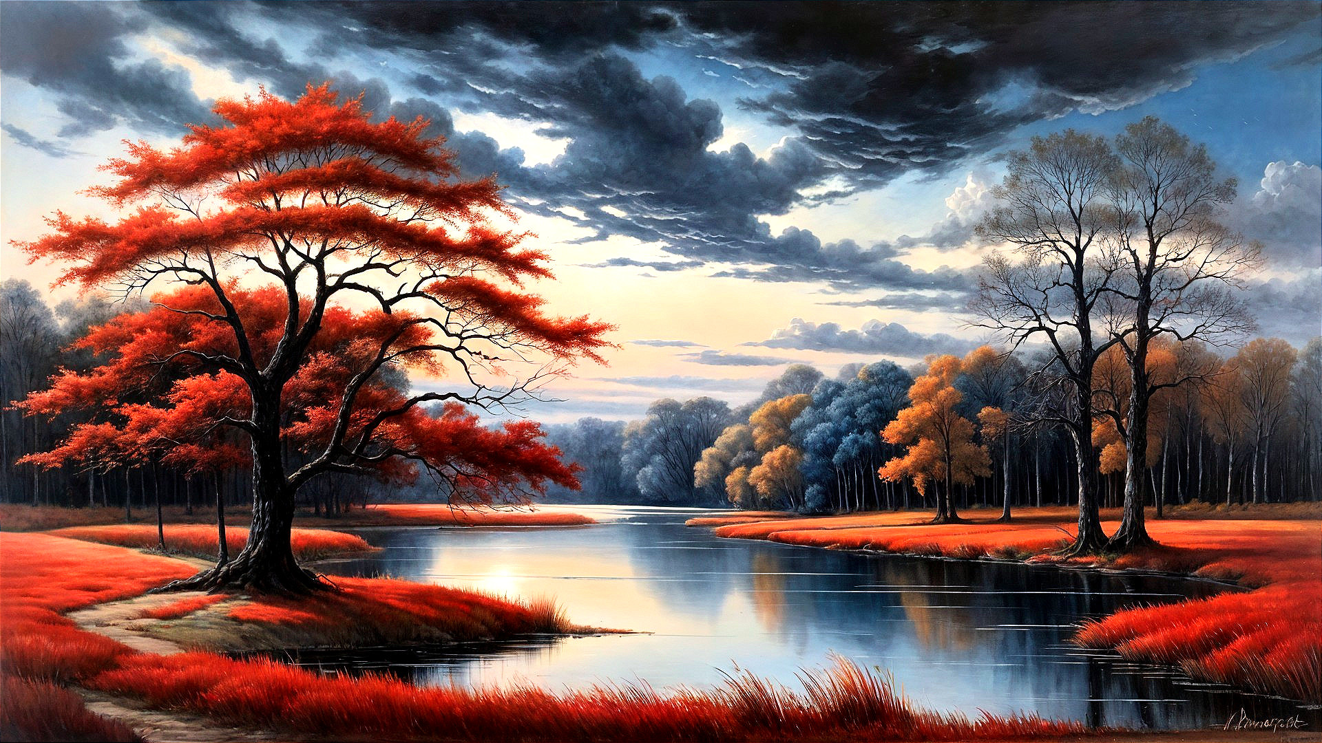 Serene Autumn Landscape with Calm River at Dusk